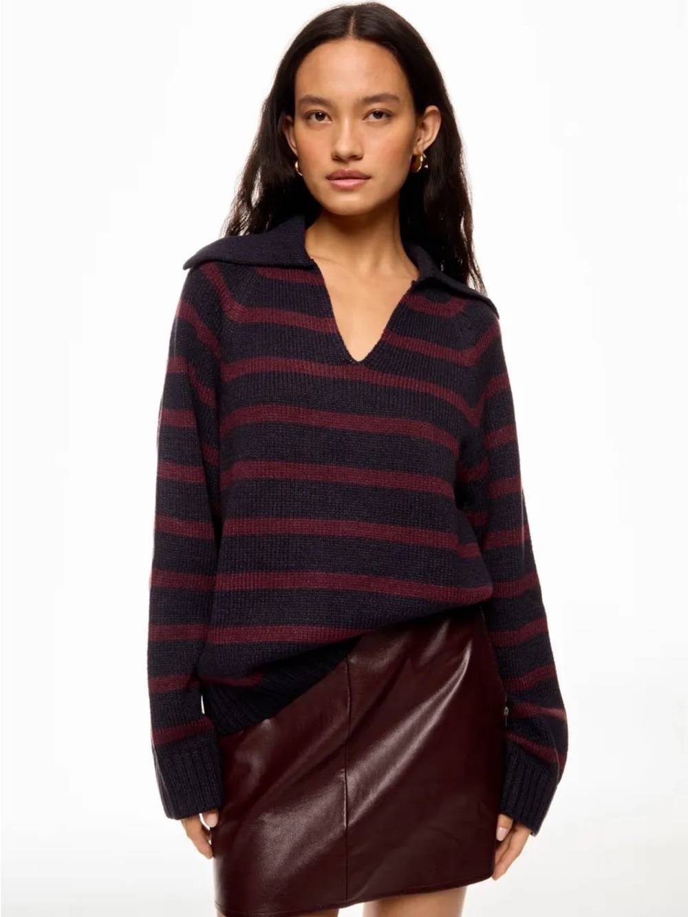 WeWoreWhat Striped V‑Neck Collared Sweater in Black and Burgundy